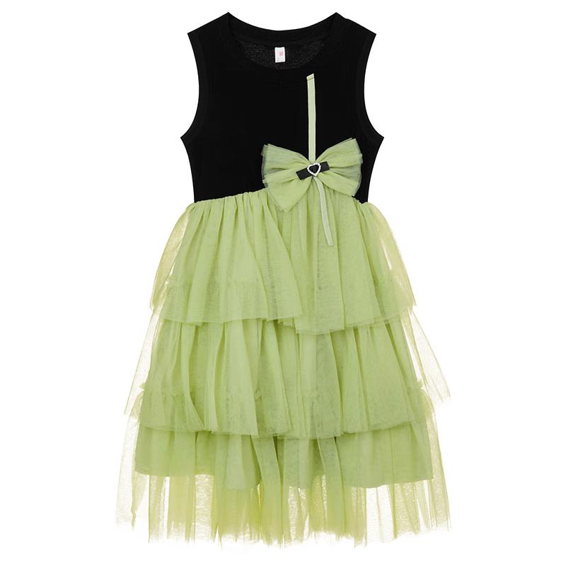 Girls' Summer Sweet Bow Sleeveless Tiered Mesh Dress