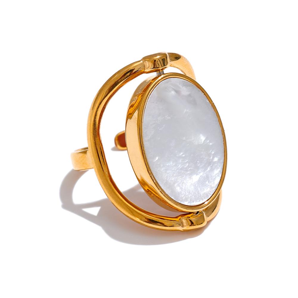 

Yhpup Exclusive Natural Stone Shell Rotatable Open Ring France Exquisite Stainless Steel Unique Jewelry for Fashionable Women resizable