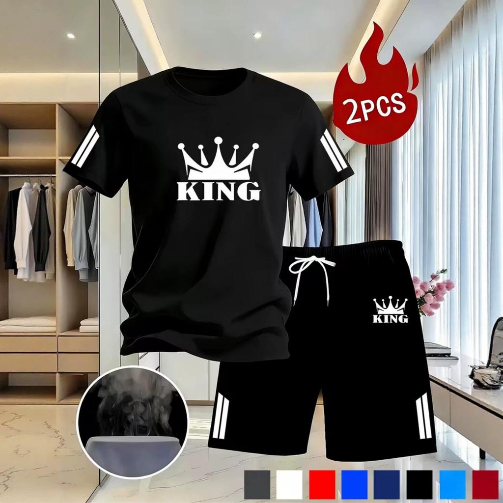 Men's Summer Mesh Sports Suit - King Crown Print, Quick-Dry T-shirt and Shorts Set