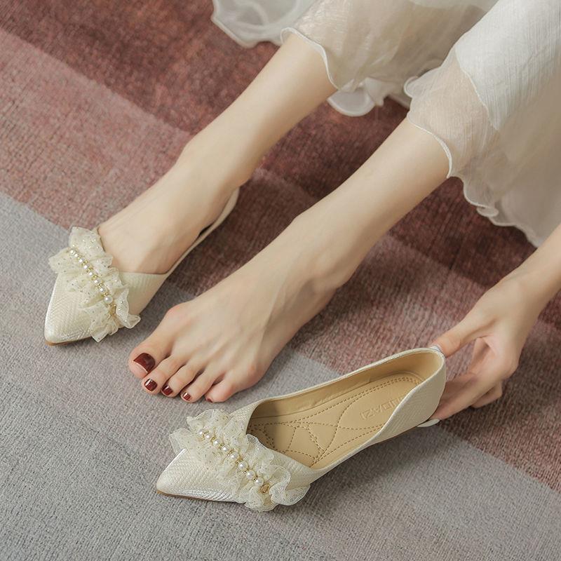 Spitze flache Einzel-Schuhe Frühling und Herbst Abend Abend sanfte Schuhe flacher Mund weiches Leder Fee-Stil Doudou-Schuhe
