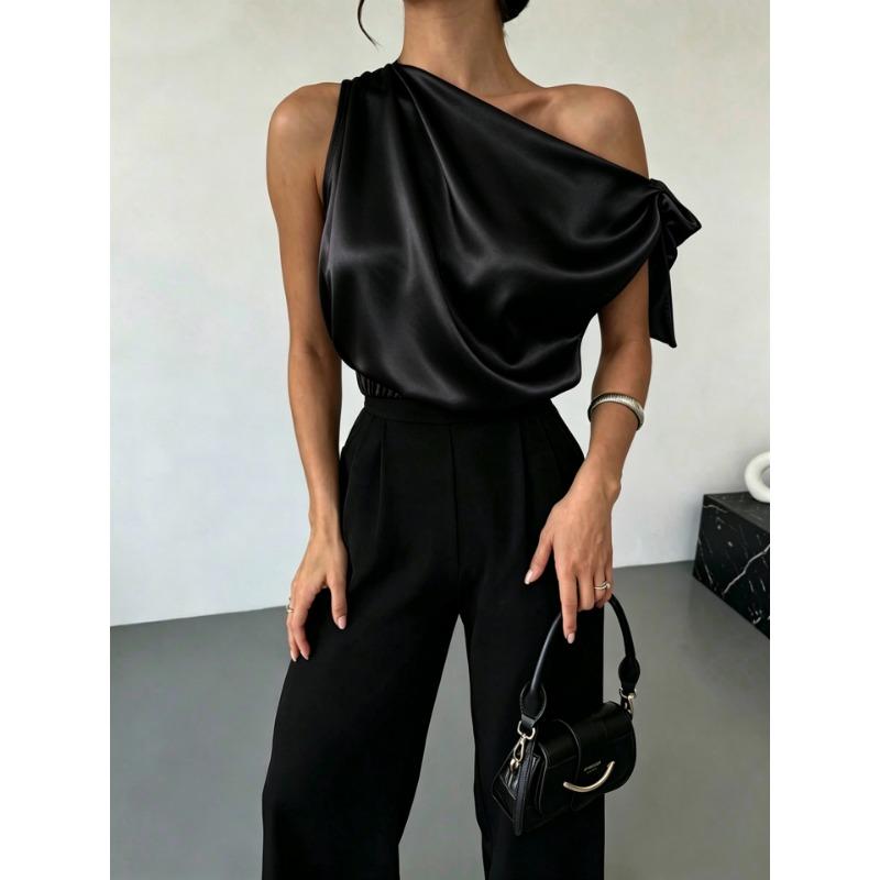 Women One Shoulder Satin Blouse With Bow Detail Elegant Sleeveless Party Tops