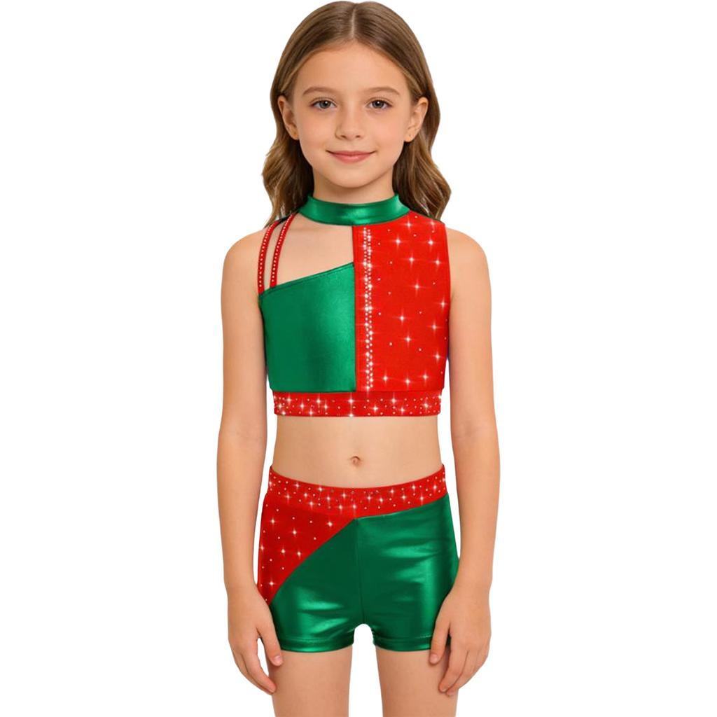 Funkelndes Strass-Performance-Outfit für Mädchen: Metallisches Colorblock Crop-Top mit passender elastischer Shorts für die Bühne