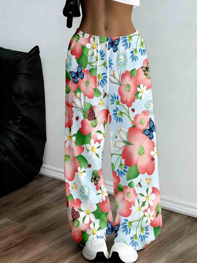 Women's Floral Wide-leg Pants, Butterfly Flower Printing, Casual and Comfortable Loose Version