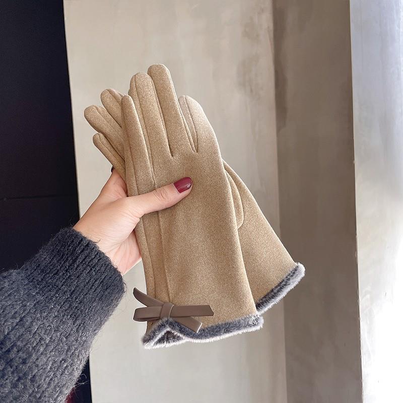 Gants chauds pour femmes en hiver Style coréen Mignon nœud Plus velours et Épais Hiver Véhicule électrique Coupe-froid Écran tactile