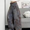 Jeans a Gamba Larga con Design Jacquard Retrò per Donna Invernali Nuovi a Vita Alta Larghi Slim Versatili Pantaloni Scimitarra