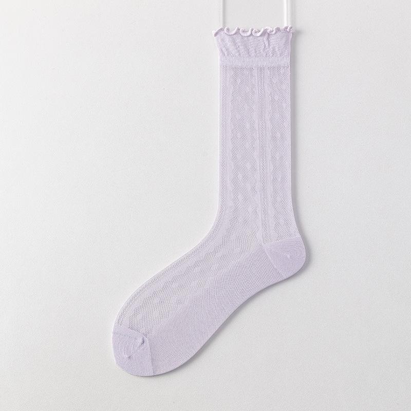Women s & Girls Miu-Style White Mulberry Silk Mid-Calf Socks with Lace Trim & Ruffle, Spring/Summer Mesh Design One Size 35-39