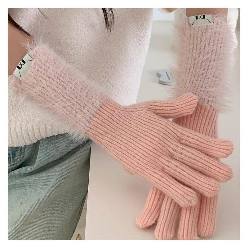 Autumn and winter dopamine solid color warm five-finger gloves versatile knitted cute student girl sweet long cycling sleeves