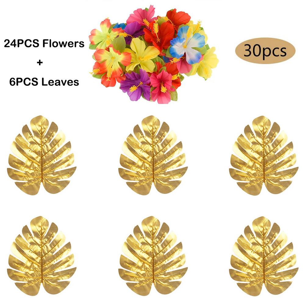 Tropical Monstera Palm Leaves Hibiscus Flower Hawaiian Luau Leaves Tropical Party Jungle Beach Table Decoration Wedding Birthday