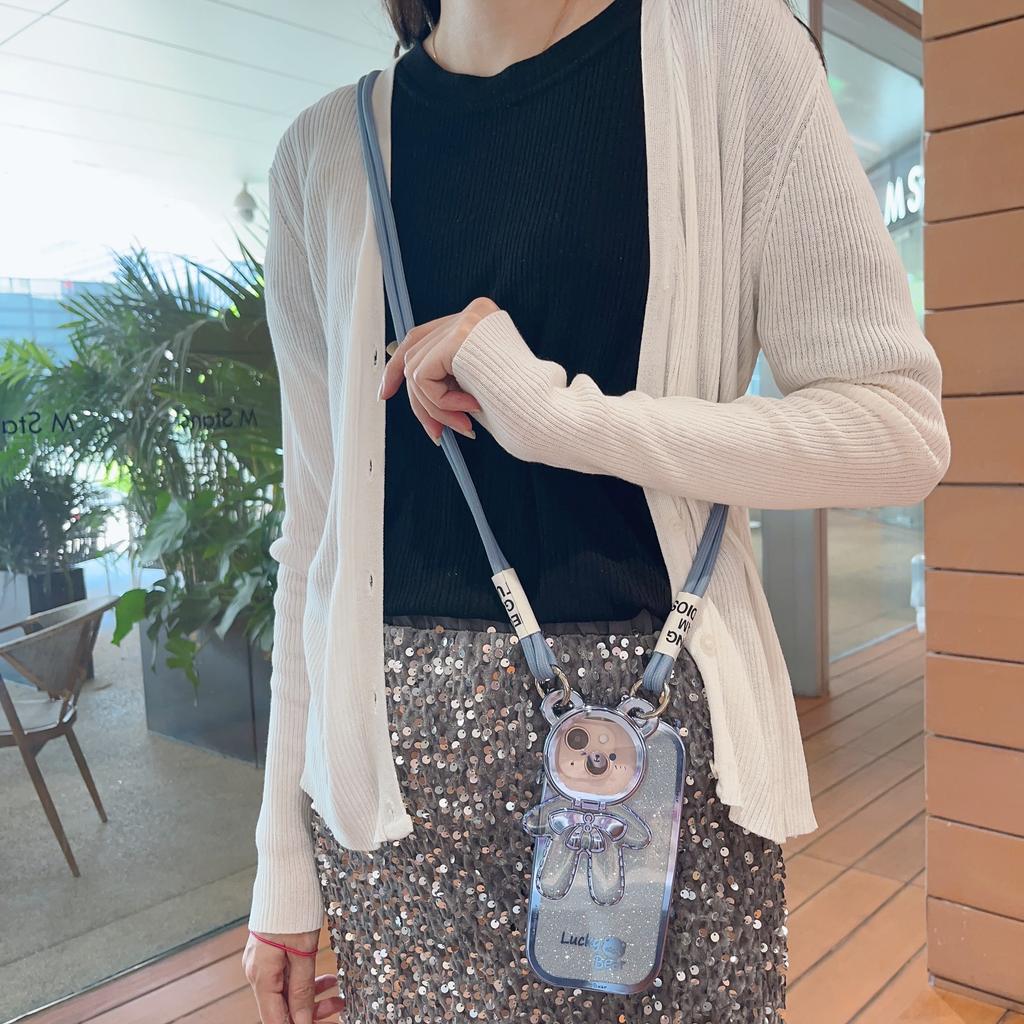 Cartoon Cute Bear Compatible with Apple 16 Crossbody Phone Case iPhone 15 Pro Max Stand 14 Lanyard 12 Glitter