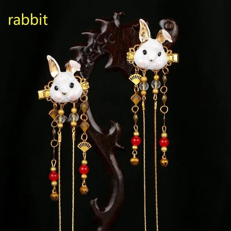 2024 Ancient Style Hair Accessories Han Elements Headwear Hanfu Accessories Cute Girl Fox Animal Tassels Ancient Hair Clip Pairs