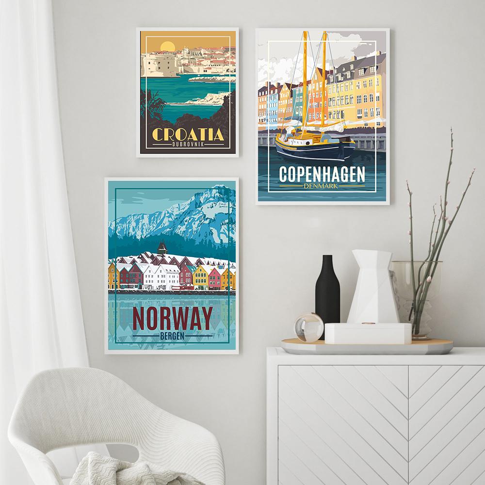 Travel Scenery Canvas Paintings Vintage Spain Denmark Moscow Norway Picture Landscape Wall Art Poster For Living Room Home Decor