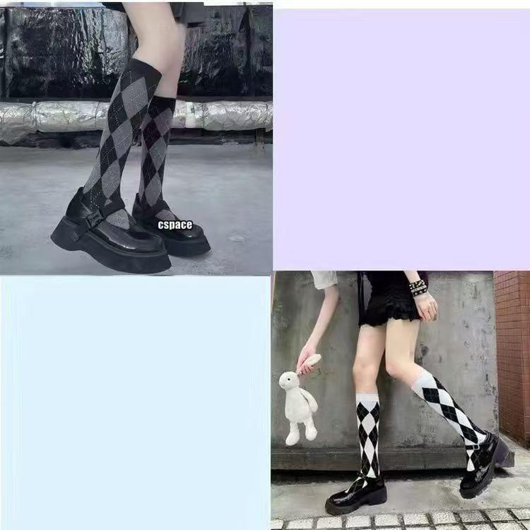 Women's Black and White Diamond Knee-High Socks - Trendy Japanese JK Style for Autumn and Winter