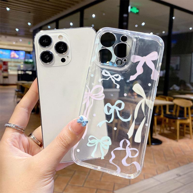 Dopamine colored bow is suitable for iPhone17 transparent case Apple 16Pro girls mobile phone case.