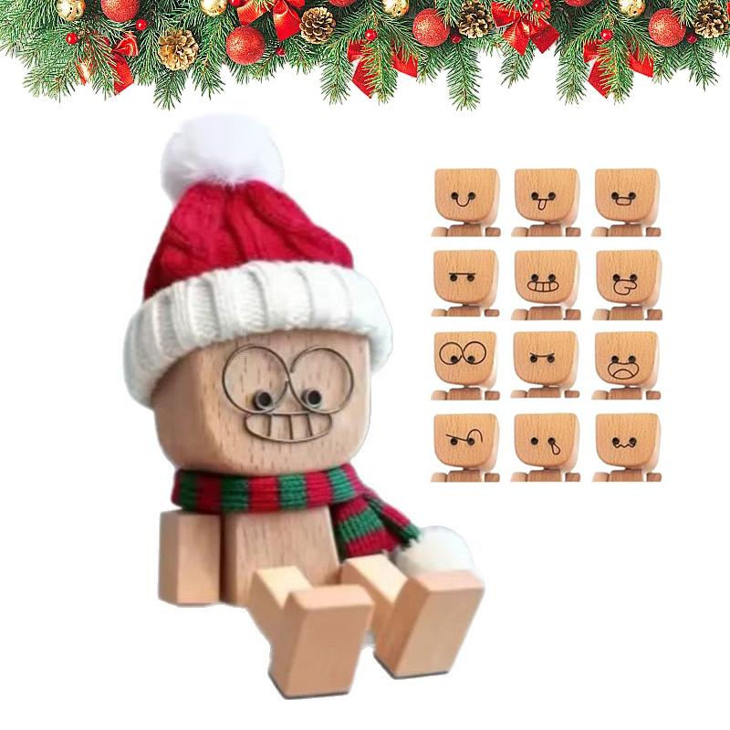 Christmas Shaking Wooden Man, Shaking Wooden Man Figurine With 12PCS Magnetic Expressions, Charming Little Wood Figure