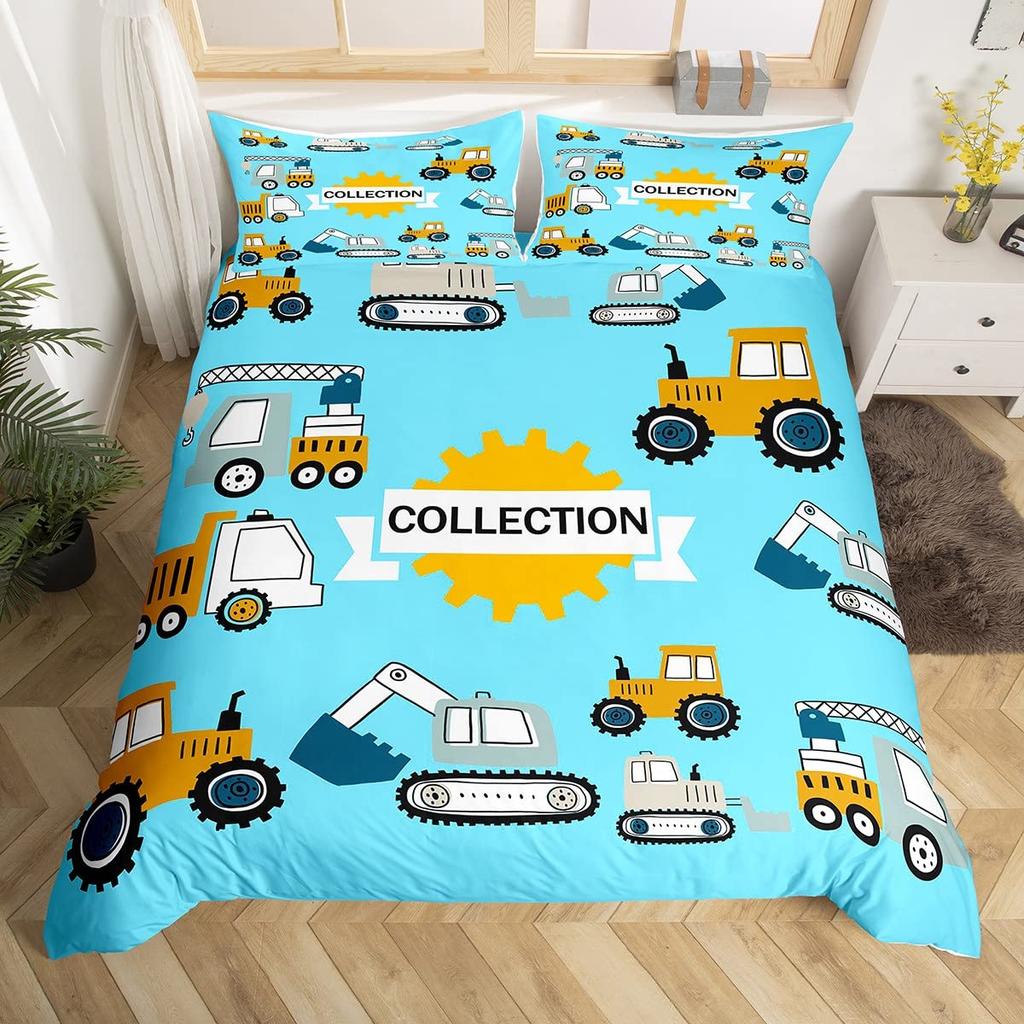 Kids Construction Trucks Duvet Cover King Size Boys Cartoon Car Excavator Tractor Bedding Set Highway Comforter