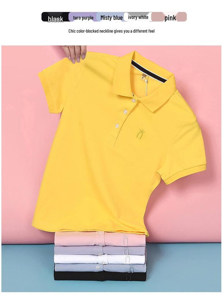 Dámské letní polo tričko s krátkým rukávem - Volný střih, Tištěné logo, Sportovní ležérní tričko z čisté bavlny