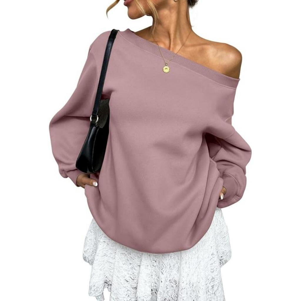 Women's Off Shoulder Long Sleeve Sweatshirt Loose Fit Casual Solid Color Pullover Top