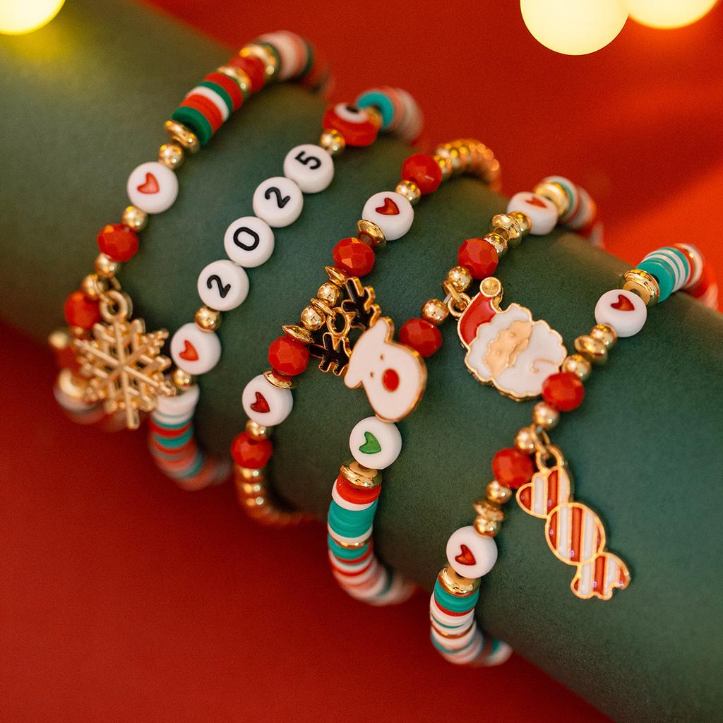 Christmas Soft Pottery Beaded Bracelet Set, Creative Holiday Gift Snowman Elk Alphabet Bracelet