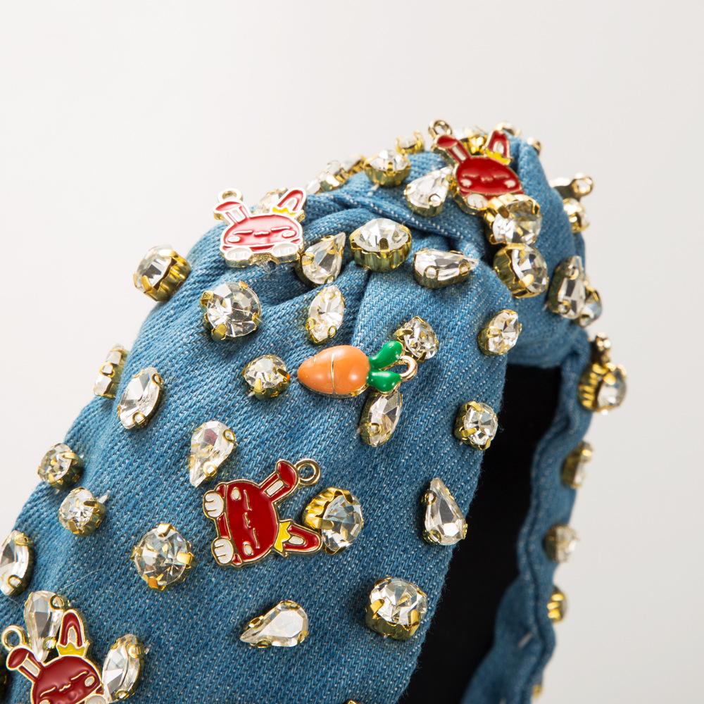 New Baroque Full Diamond Wide-Brim Hair Accessories High Quality Denim Fabric Diamond-Embedded Hand-Stitched Rabbit Headband