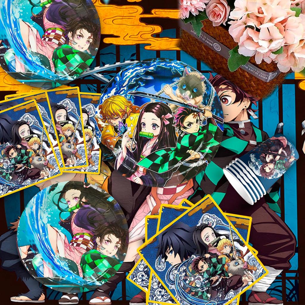 Decorações de Aniversário Demon Slayer, 112 peças Decorações de Festa Demon Slayer Conjunto de Talheres-Banner de Aniversário Balões Topper de Bolo Pratos Copos etc