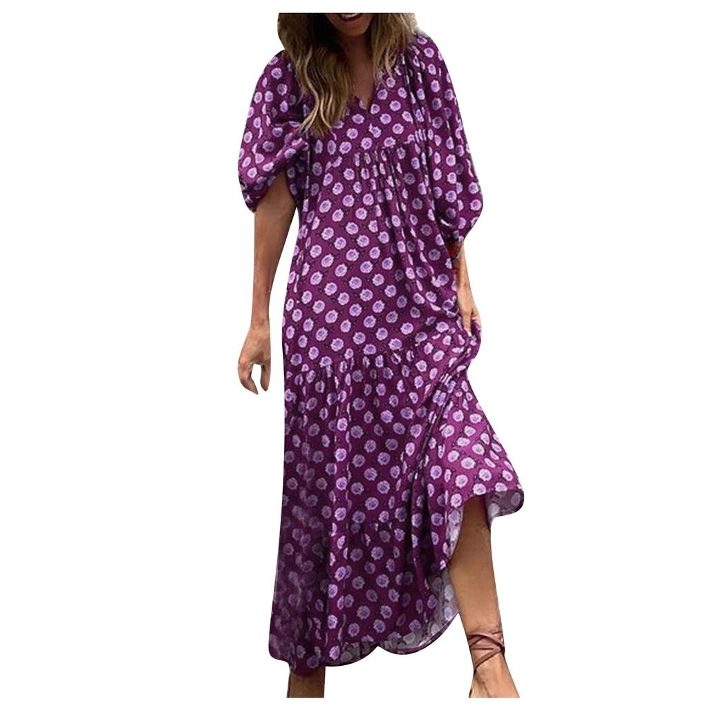 Women Floral Print Bohemian Long Dress Loose V-Neck Fashion Summer Beach Dress