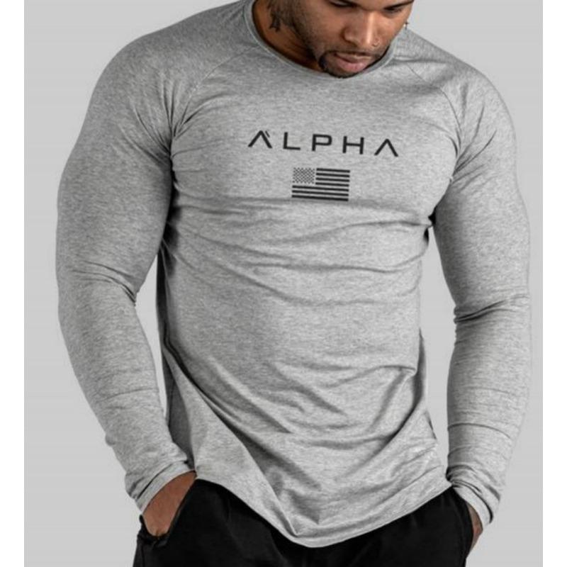 Men Long Sleeves Letter Printed T-Shirt Fitness Tees Outdoor Sport Running Climbing Tights Bodybuilding Muscle Gym Train Compression Shirt