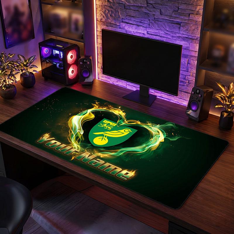Norwich City Custom Large Mouse Pad, Personalized Name Text Print, Football Logo Non‑Slip Desk Mat Gaming Gift