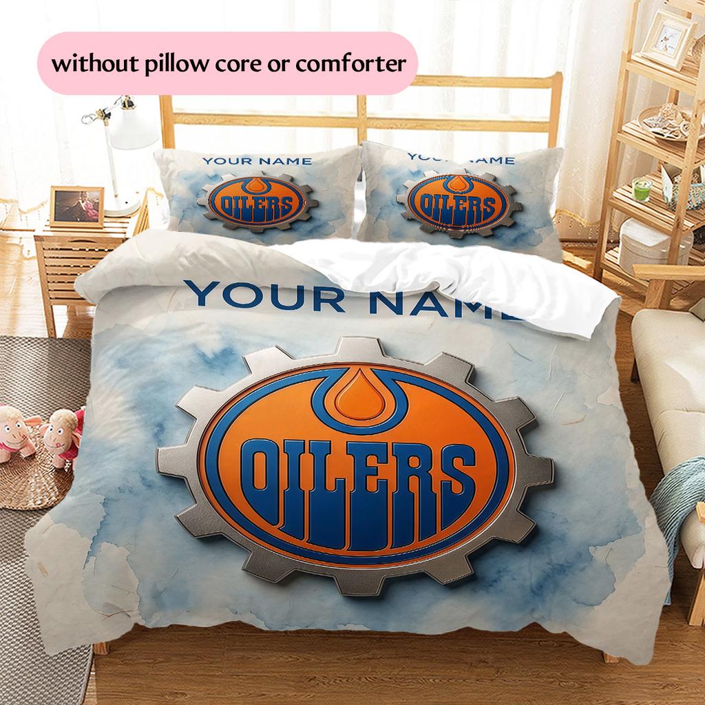 Custom Name,Edmonton Oilers Pattern Bedding Home Decoration Birthday Gift ( 1 Duvet Cover + 2 Pillowcase, Without Core),fan Merchandise.