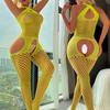Bright Yellow Erotic Crotchless Lingerie Women Fishnet Hollow Bodystocking Sexy Backless Teddy Babydoll Dress  Porn Underwear