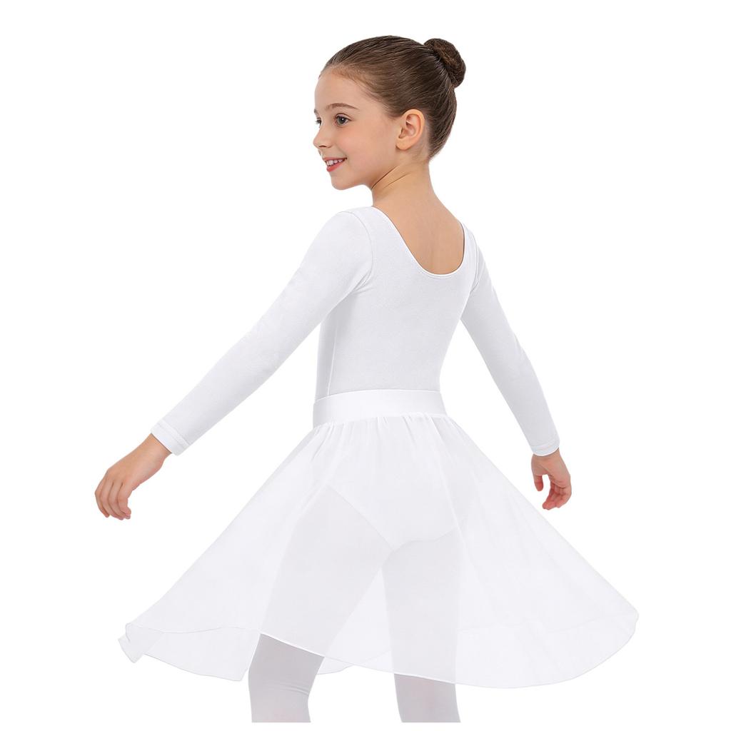 Girls Ballet Dance Practice Performance Long Sleeve Leotard High Low Elastic Waistband Chiffon Skirt Outfit