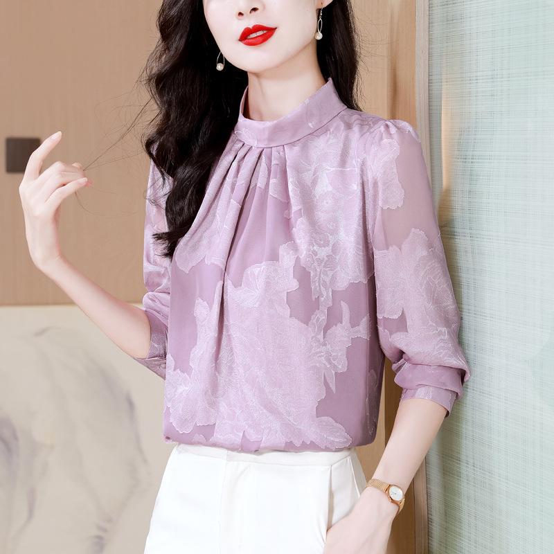 Stand-up Collar Jacquard Top Autumn New Loose Foreign-style Shirt Long-sleeved Women's Shirt