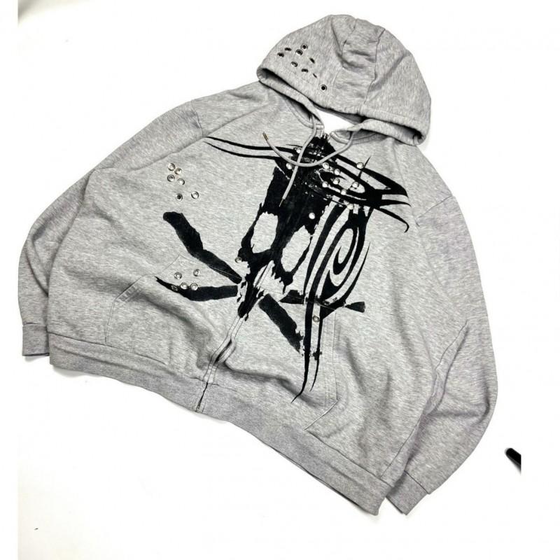 Y2K Punk Streetwear Hooded Long Sleeve Zip-Up Graphic Sweatshirt Women Loose Fit Dark Aesthetic