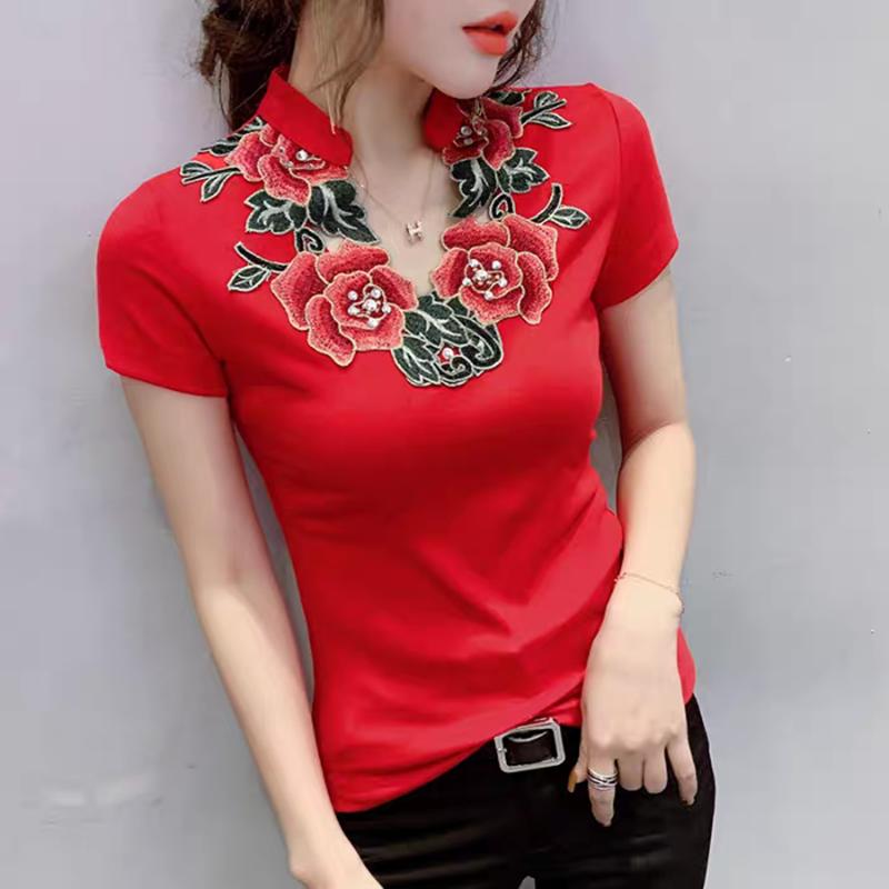 

Новая летняя мода Винтажная этническая одежда для танцев Футболка Сексуальная ажурная вышивка цветами Женские топы Высококачественные хлопковые футболки 3XL красный