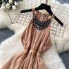 Sommer Damen Luxus Diamanten Ärmellos Einfarbig Chiffon Urlaub Strand Lang Maxi Großer Schwung Tank Kleider