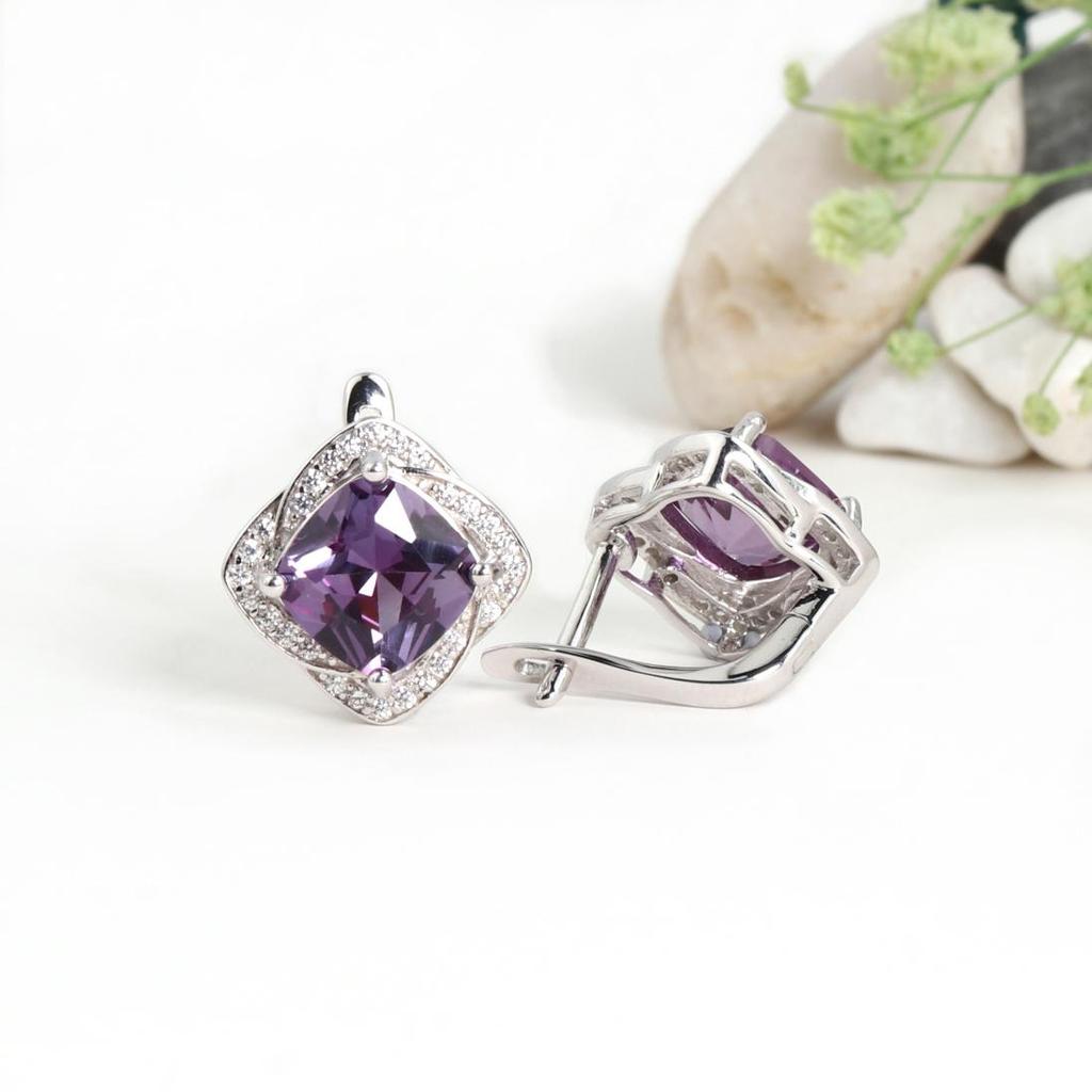 Elegant 925 Sterling Silver Clasp Earrings Created Square 8.0mm Color Change Alexander Nano Fine Jewelry for Women’s Birthday Gifts