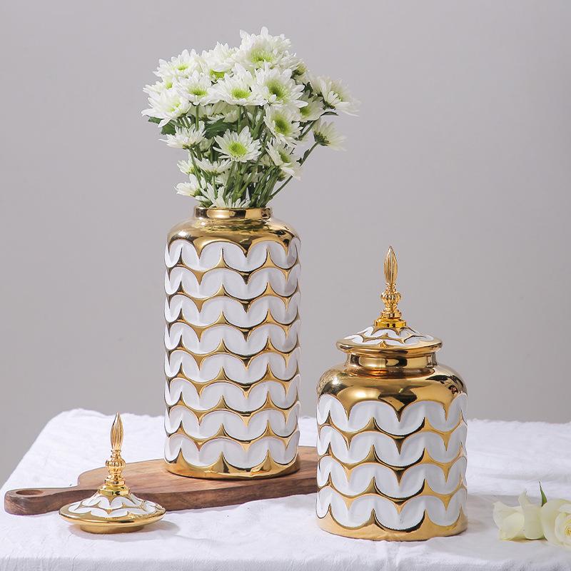 Ceramic Checkmate Jar Ginger Jar Flower Vase Plaid Gold Storage Tank Porcelain Bottle Home Decoration Accessories
