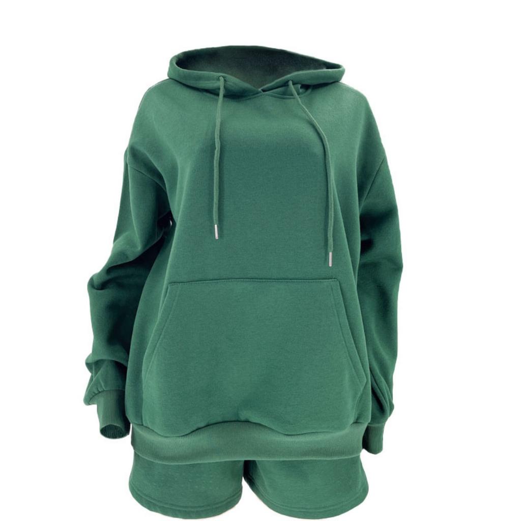 Autumn and Winter New Product Solid Color Thickened Velvet, Hooded Long Sleeve Hoodie, Women's Fashion Casual Shorts Set