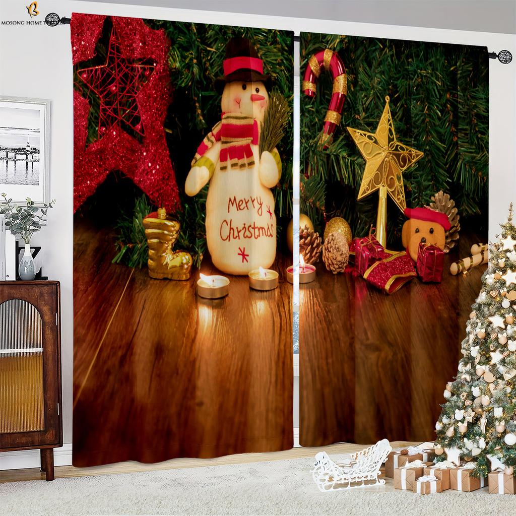 Weihnachtsvorhänge Weihnachtsmann Schneeflocke Kugel 3D-Vorhänge Schlafzimmer Restaurant Neujahr Feiertagsfeier Dekoration Vorhänge 2 Stück