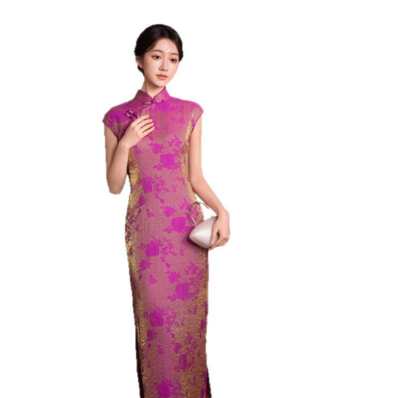 Retro Chinese style long floating brocade cheongsam 1011 summer new slim and thin middle-aged and elderly women's cheongsam skirt