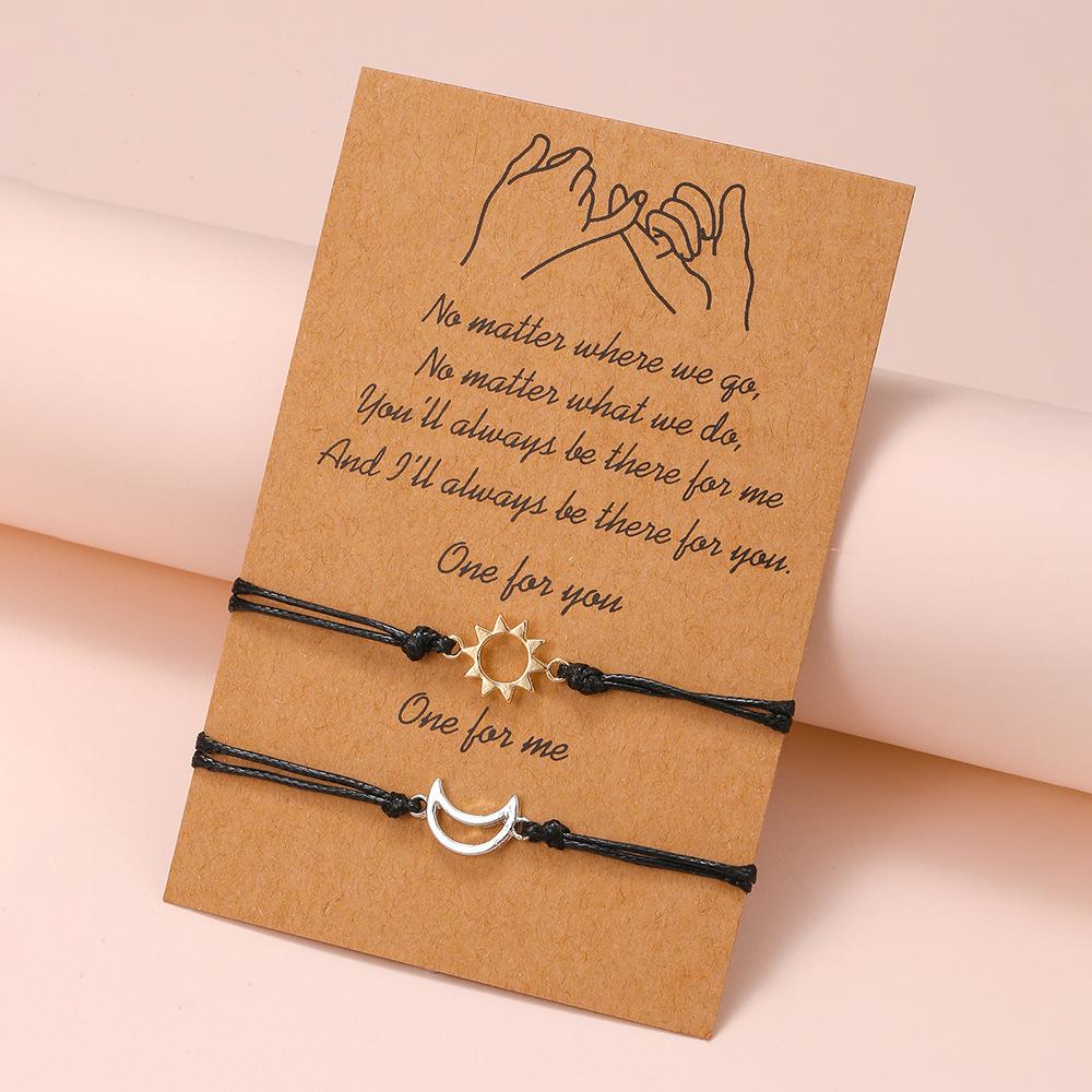 Creative Gold and Silver Mixed Color Sun and Moon Wax Thread Weaving Adjustable Card Couple Bracelet Friend Bracelet