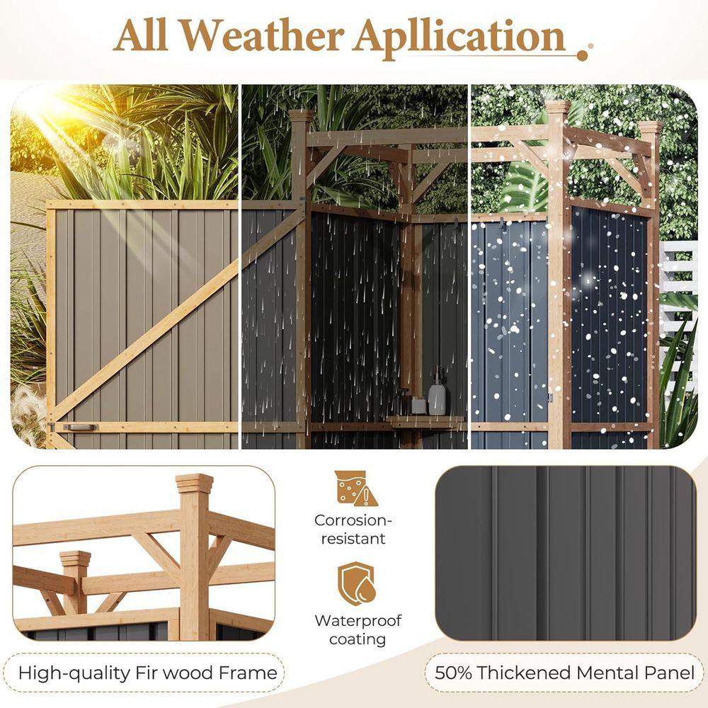 Secure Outdoor Shower Enclosure with Metal Panels, Hooks, and Shelves - Ideal for Pool and Beach Rinsing, Compact Design