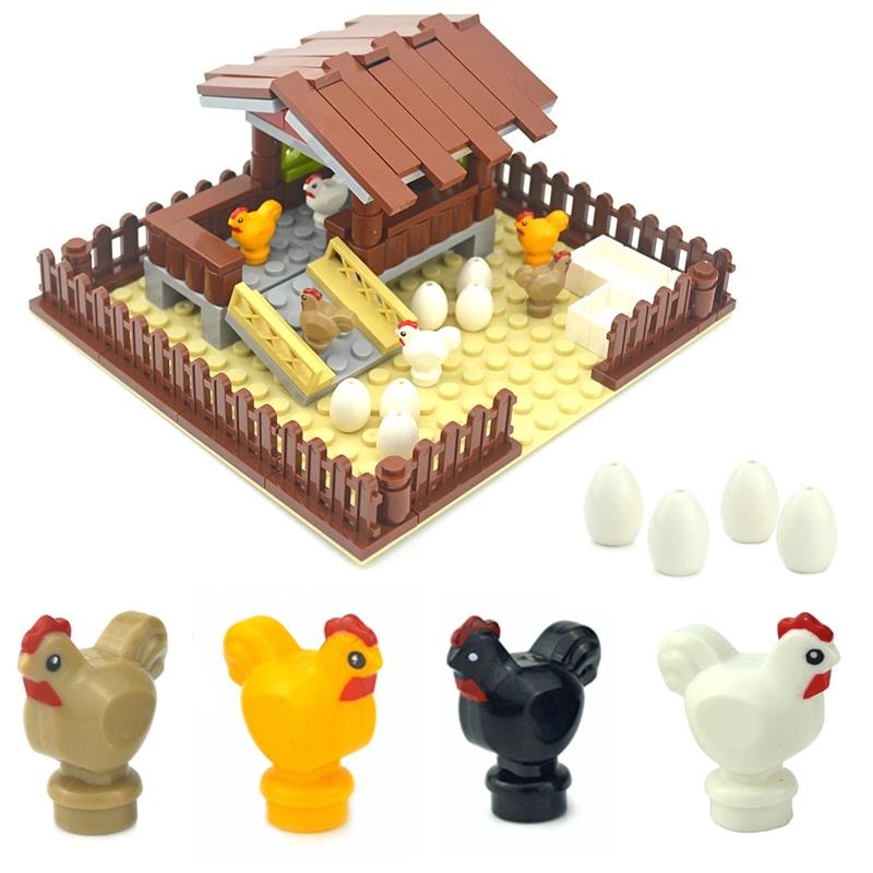 MOC Farm Animals Chicken Pigs Dogs Chicks Animal Building Blocks City DIY Plant Eggs Accessories Minifigs Parts Model Toys
