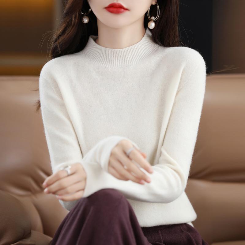 Women's Seamless Knit Half-High Neck Pullover: Loose, Slim-Fitting, Long Sleeve Sweater for Autumn/Winter