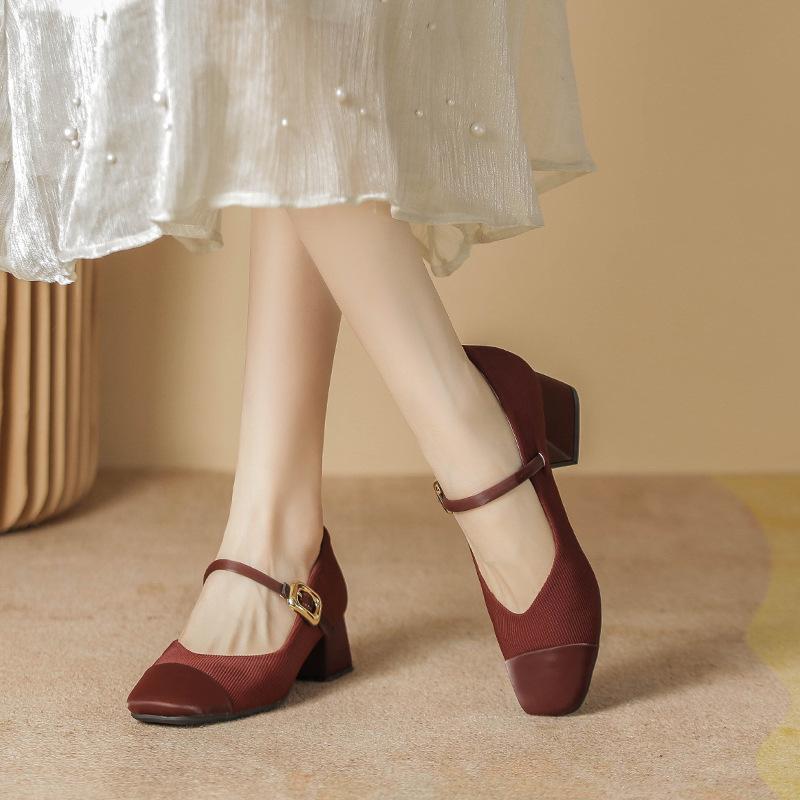 Shallow single shoes women's spring new French square head thick heel Mary Jane shoes women's burgundy high-heeled single shoes