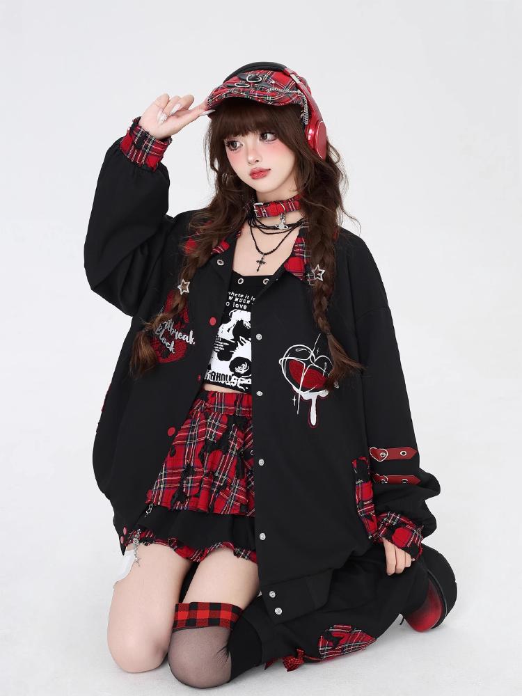 Autumn Winter Punk Harajuku Coats American Vintage All Match Casual Commuter Loose Jackets Constrast Color Japan Print Clothing