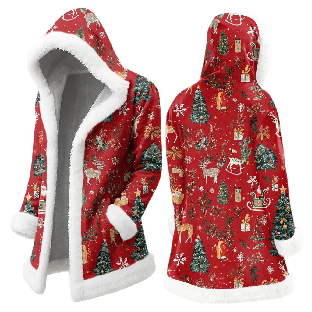 Men's Christmas Long Hooded Cardigan With Pockets Warm Jacket