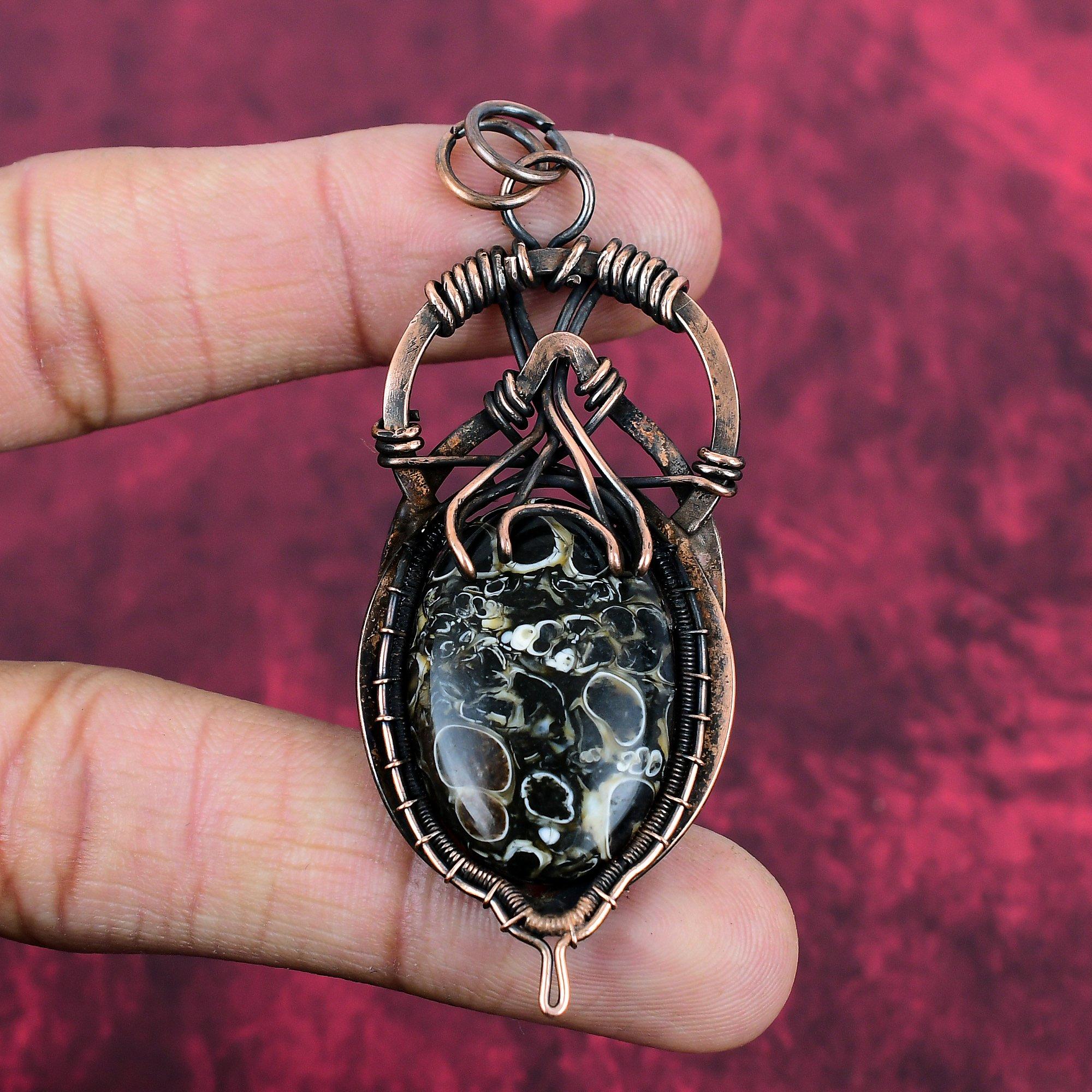 Turritella Agate Pendant Copper Wire Wrapped Pendant Handmade Pendant Copper Jewelry Natural Gemstone Pendant Wire Wrapping Jewelry For Gift