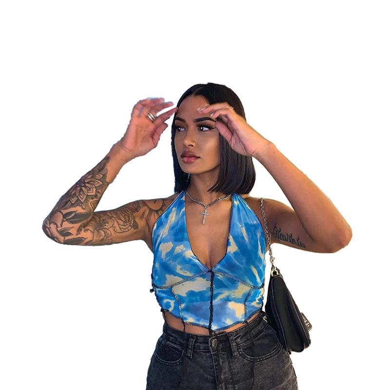 JH5821 European & American Sexy Lace-Up Spaghetti Strap Print Top for Women