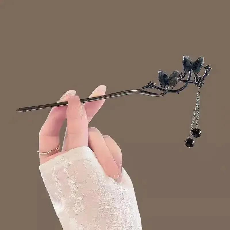 1PC  Chinese Style Butterfly Flower Tassel Hair Stick for Women Vintage Metal Hanfu Chopstick Hair Sticks Hair Accessories