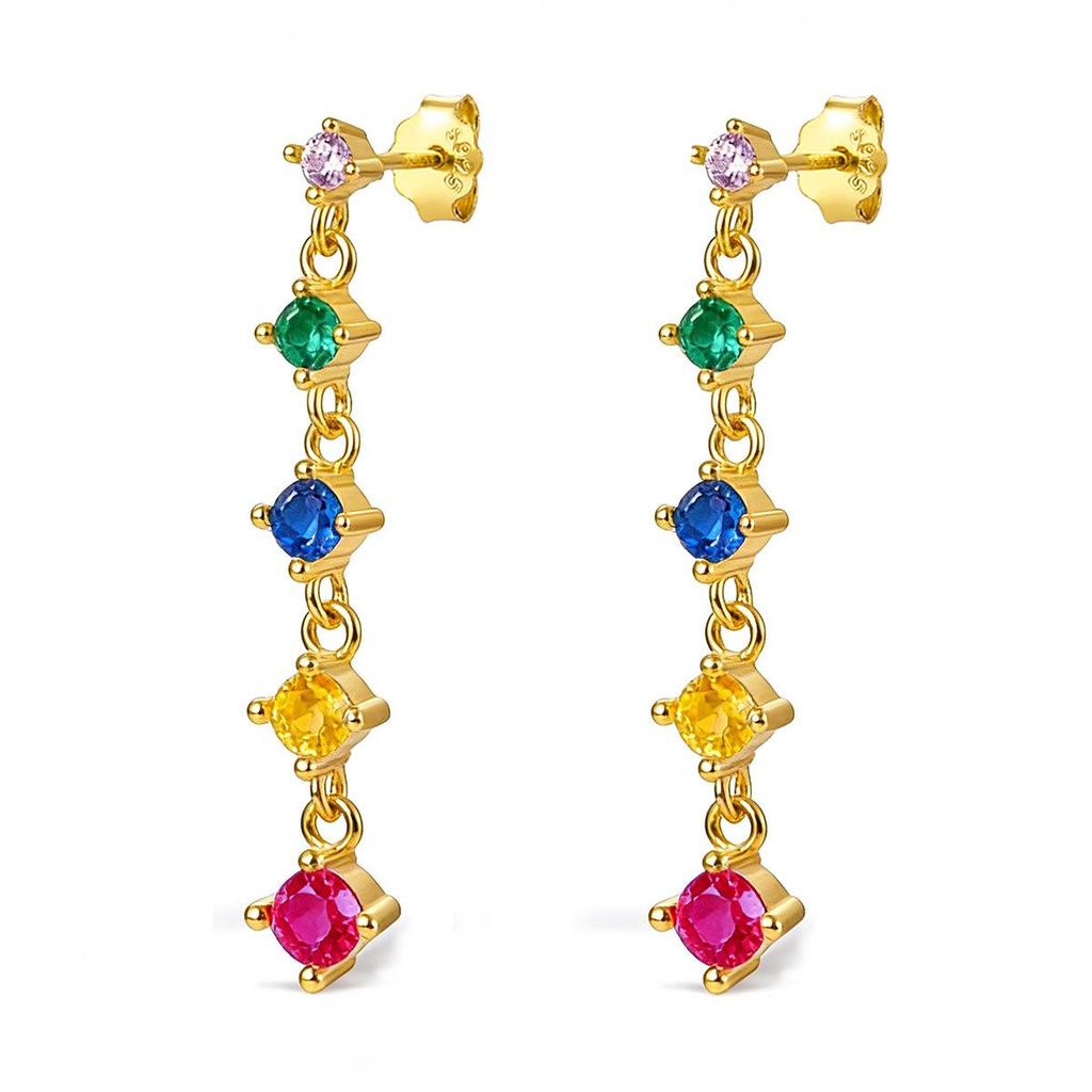 Colorful Geometric Zircon Tassel Earrings, S925 Sterling Silver Studs, Fashionable Elegant Jewelry for Women